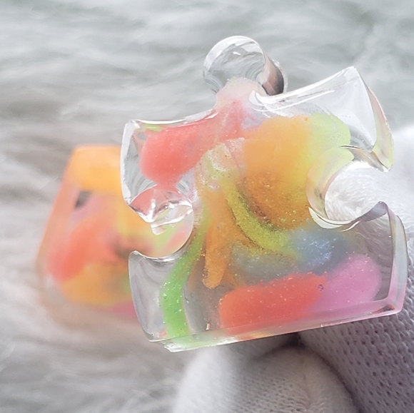 Handmade Rainbow Clear Puzzle Pieces Stud Earrings - Reacts to UV Light - Picture 3 of 7